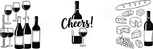 Collection of wine bottles and glasses line art featuring cheers text baguette cheese grapes and salami for restaurant menu design