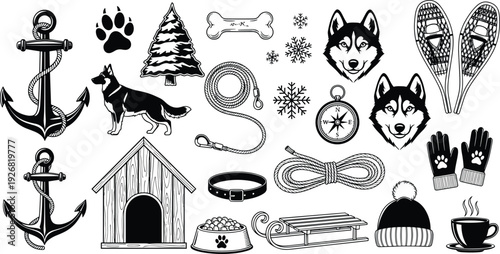 Collection of winter husky adventure line art featuring sled dog husky head snowshoes anchor dog house and snowflakes for design