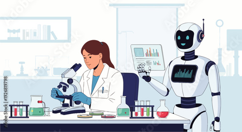 Flat vector illustration depicting a human and a robot working together in a modern laboratory. Concept of friendship, artificial intelligence, cooperation, science and technology.