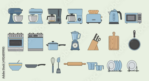 Kitchen Appliances and Utensils Collection: Modern Blue and Gray Icons