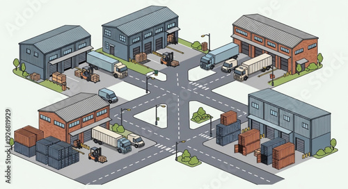 Industrial transportation hub with trucks and buildings in a busy city.