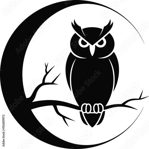 Owl silhouette perched on tree branch with crescent moon shape, black nocturnal bird icon isolated on white background, wildlife logo design illustration