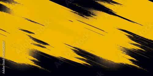 Halftone yellow dots pattern and black gradient grunge texture background. Dotted line comic sport style vector illustration.