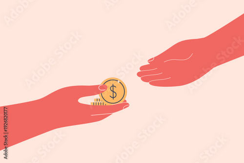 one hand giving gold coins to another hand. charity, donate, corruption, investment concept. Pay and spend money. financial vector illustration