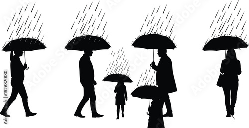 People walking with umbrellas in rain silhouette set, black human figures vector illustration isolated on white background for weather, city life and lifestyle conceptsPeople walking 