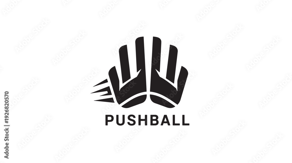 Obraz premium A modern pushball logo featuring two hands pushing together on a clean white background, symbolizing teamwork and collaboration.