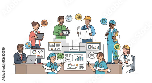 Diverse professionals collaborating on project with data analysis and planning