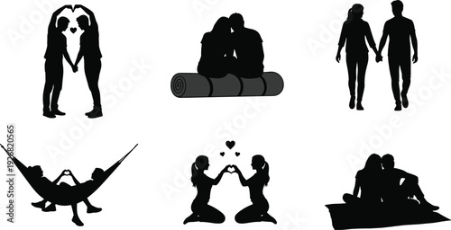 Romantic couple silhouettes in loving poses isolated on white background relationship, affection, friendship, family bonding and lifestyle illustration set for valentine and wedding concepts