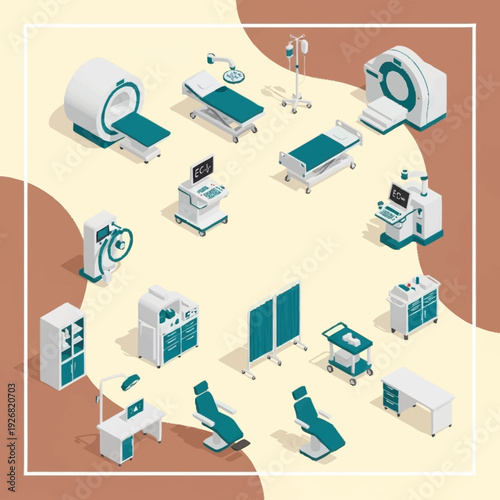 Medical equipment and hospital facilities illustration.