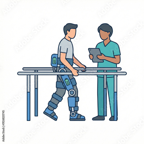 Patient using robotic exoskeleton for walking therapy flat icon