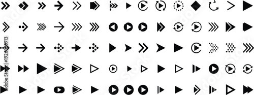 Arrow icons set, play button, navigation, media control, direction, solid, outline, circular, refresh, rotation, dotted, UI, graphic design