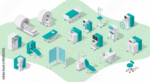 Hospital Room Medical Equipment and Furniture Isometric Illustration.