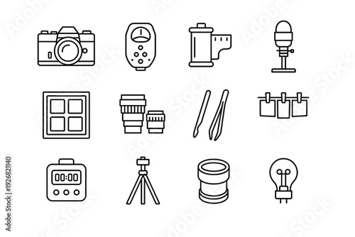 Focus vector lens camera photography analog bulb meter enlarger tripod icon sheet