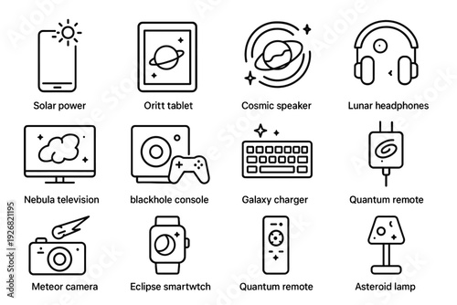 Meteor electronics vector speaker quantum stardust cosmic headphones galaxy stellar orbit icons