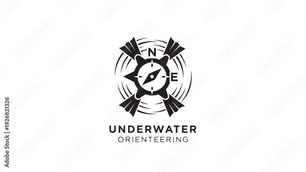 Fototapeta premium A sleek black and white logo featuring a compass surrounded by dive fins, symbolizing underwater orienteering with a clean, professional aesthetic.