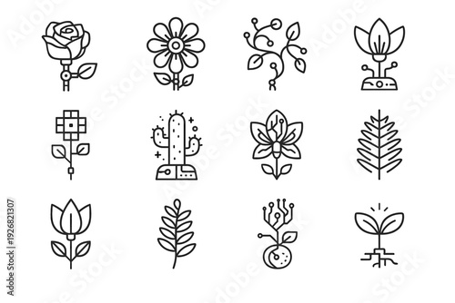 Flora robotic neon vector pixel cactus blossom icon icons mechanical seed prism