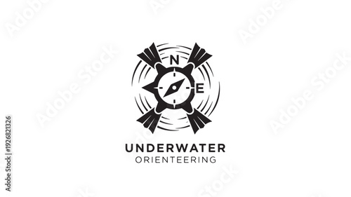 A sleek black and white logo featuring a compass surrounded by dive fins, symbolizing underwater orienteering with a clean, professional aesthetic.