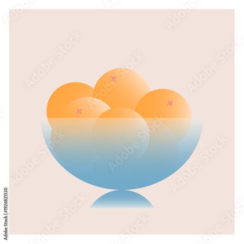 Minimalist geometric illustration of fresh orange fruits in a translucent blue glass bowl. Soft pastel gradients and simple abstract shapes, perfect for modern food, health, kitchen decor