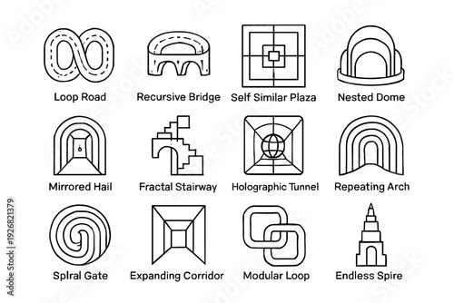 Corridor spiral vector recursive infrastructure icon expanding gate icons hall infinite stairway