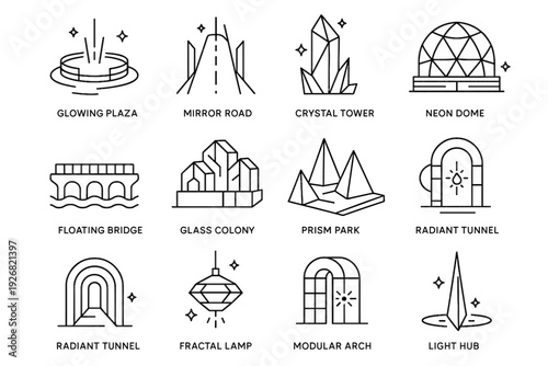 Arch colony icons spire floating vector glowing icon road park prism luminous