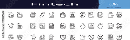 fintech financial technology and digital payment icons, outline vector set. editable vector