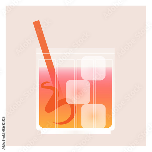 Minimalist flat vector illustration of a refreshing cocktail in a rocks glass with ice cubes, an orange peel twist, and a straw. Designed with soft warm pink and orange gradients, perfect for bar menu