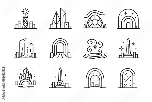 Vector vault crystal reflection monument dome icons photon radiant cities district bridge