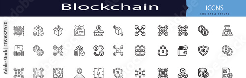 blockchain technology and cryptocurrency network icons, outline line art. editable vector
