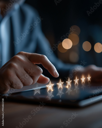 Rating the Experience: A close-up shot of a hand interacting with a digital tablet displaying glowing stars, representing a customer rating or review.