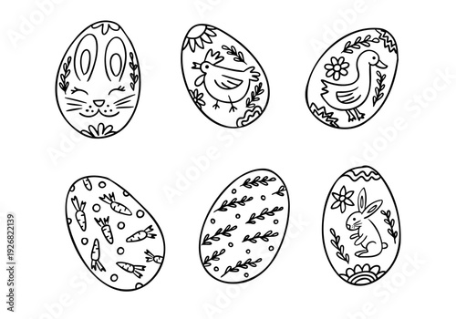 Set of easter egg with bunny chicken carrot and floral ornament in outline style vector hand drawn illustration isolated on white background. Holiday coloring page collection expressing spring