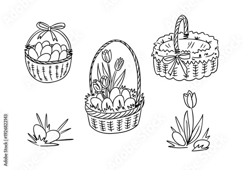 Set of easter basket with egg and spring flower in outline style vector hand drawn illustration isolated on white background. Holiday coloring page collection expressing celebration tradition