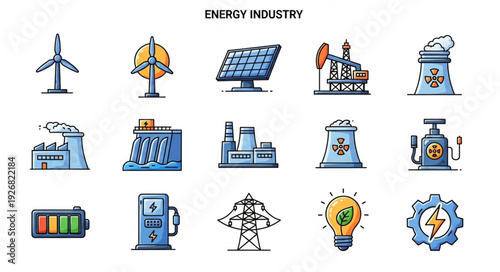 Diverse energy industry icons representing renewable and non-renewable power sources.