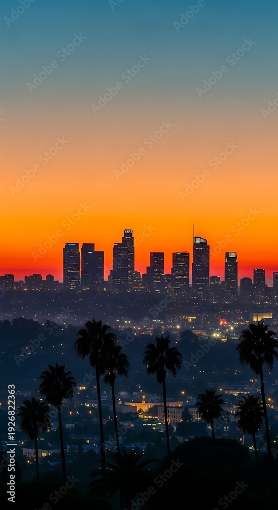 Fototapeta premium City skyline at dusk with palm trees in the foreground.