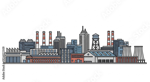 Industrial cityscape featuring factories, buildings, and infrastructure, a detailed illustration.