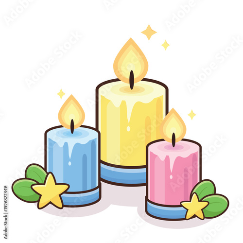 candle light illustration vector cartoon. pink candle. yellow candle. blue candle