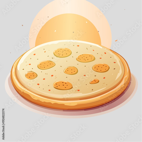 Minimalist vector illustration of a freshly baked cheesy flatbread or simple pizza