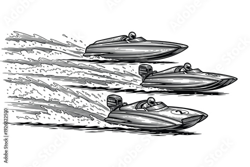 Vintage style engraving of racing motorboats speeding through water in vector