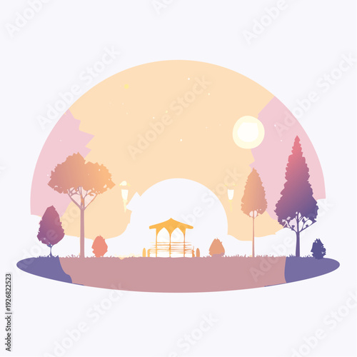 Tranquil park gazebo silhouette against a colorful sunset sky with stars