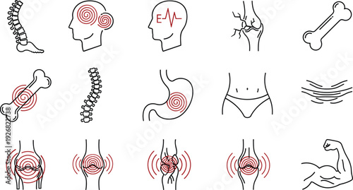 Medical pain icons, human anatomy, healthcare symptoms, joint pain, headache, stomach ache, muscle strength, diagnostic illustration, medical vector set