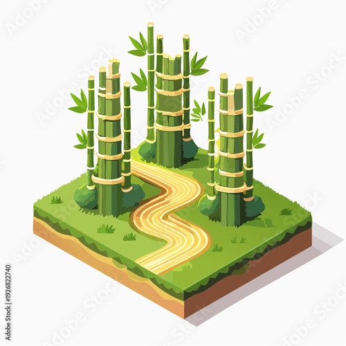 An isometric illustration of a tranquil path winding through a lush green bamboo forest on a section of land