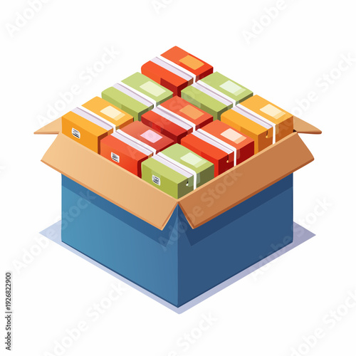 Isometric view of a blue box filled with various colorful stacked packages and parcels