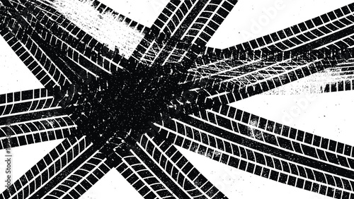 Abstract vector background with multiple intersecting tire tracks car traces pattern