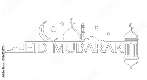 Eid mubarak illustration with crescent moon stars and mosque outlines