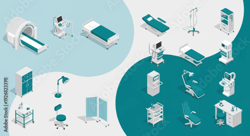 Medical equipment and hospital furniture set illustration.
