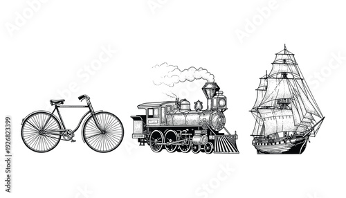 Vintage vector transport collection bicycle steam train and sailing ship illustrations