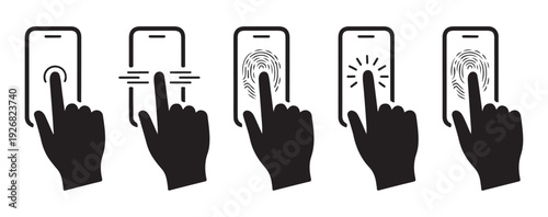 Hand touching smartphone screen with various gestures including fingerprint scan and tap