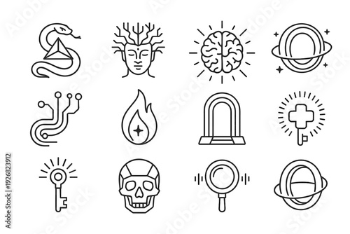 Gate vector key ring brain crystal neural icons serpent icon digital myth