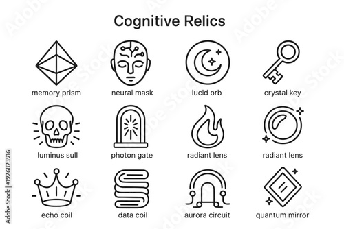 Lens mask mirror icons relics quantum luminous key icon flame aurora vector