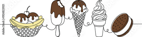 Ice cream dessert illustration collection featuring banana split, popsicle, waffle cone, soft serve and sandwich isolated on white background