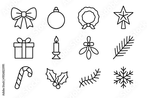 Paper ball leaf bow icons holiday vector pine icon decor cane mistletoe